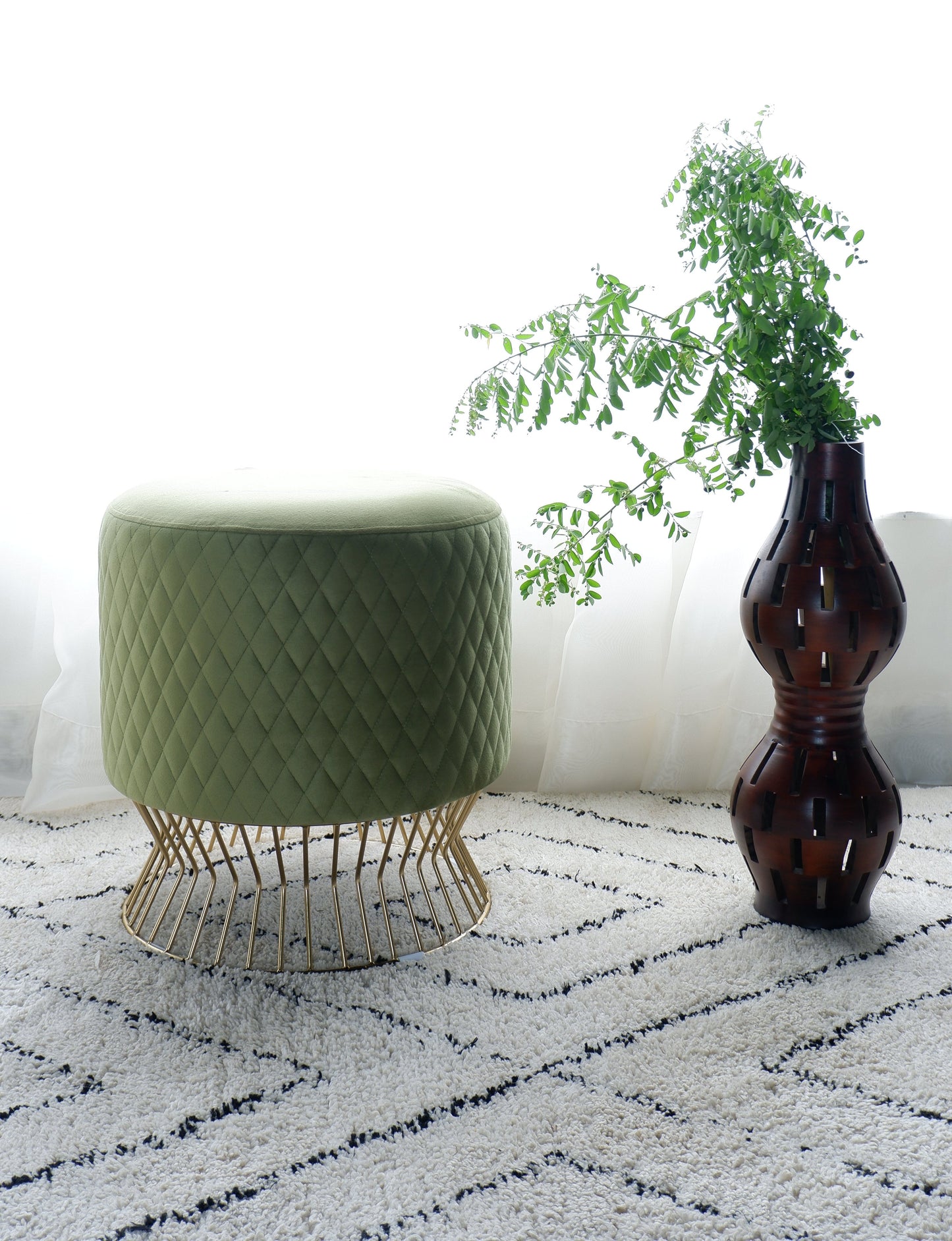 Regal Ottoman – Luxury Polyester Upholstered Ottoman with Designer Metal Base