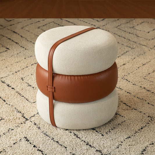 Casa Verve Furniture Terraroza Ottoman, a stacked cushion design in cream fabric and brown PU leather with a leather strap.