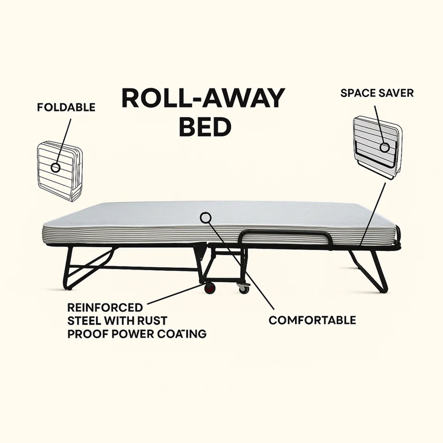 Foldable Roll-Away Bed with Mattress – Space-Saving Comfort
