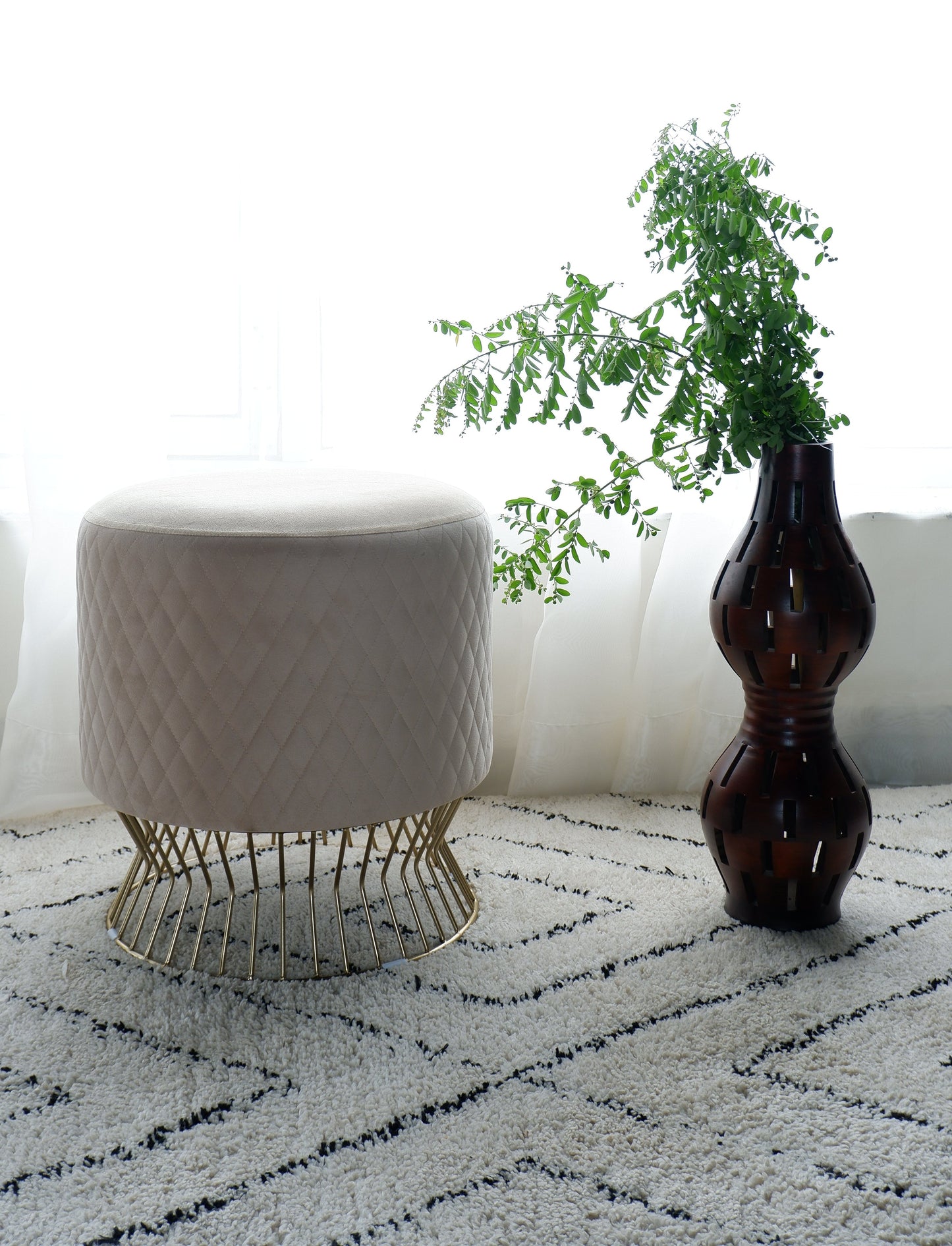 Regal Ottoman – Luxury Polyester Upholstered Ottoman with Designer Metal Base