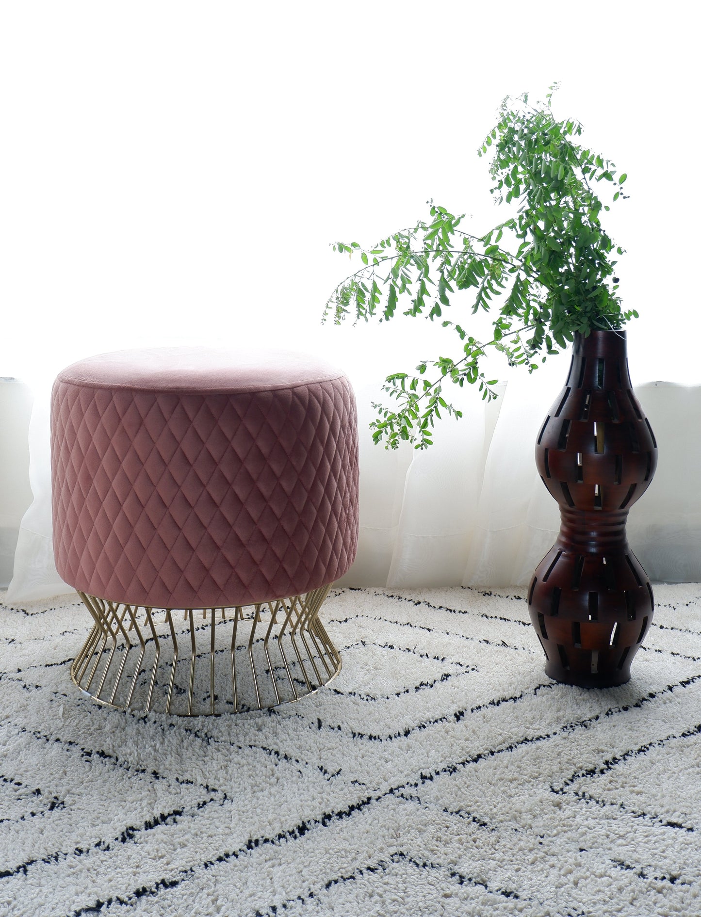 Regal Ottoman – Luxury Polyester Upholstered Ottoman with Designer Metal Base