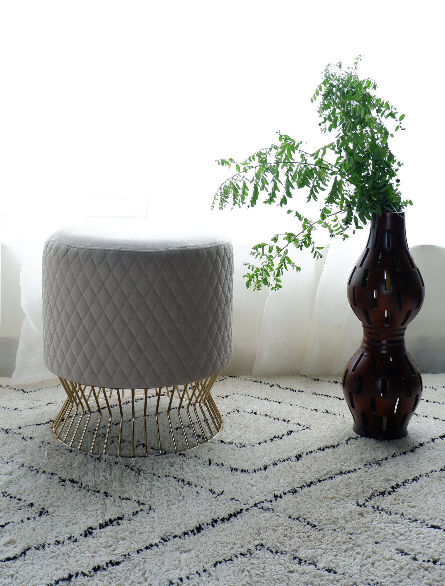 Regal Ottoman – Luxury Polyester Upholstered Ottoman with Designer Metal Base