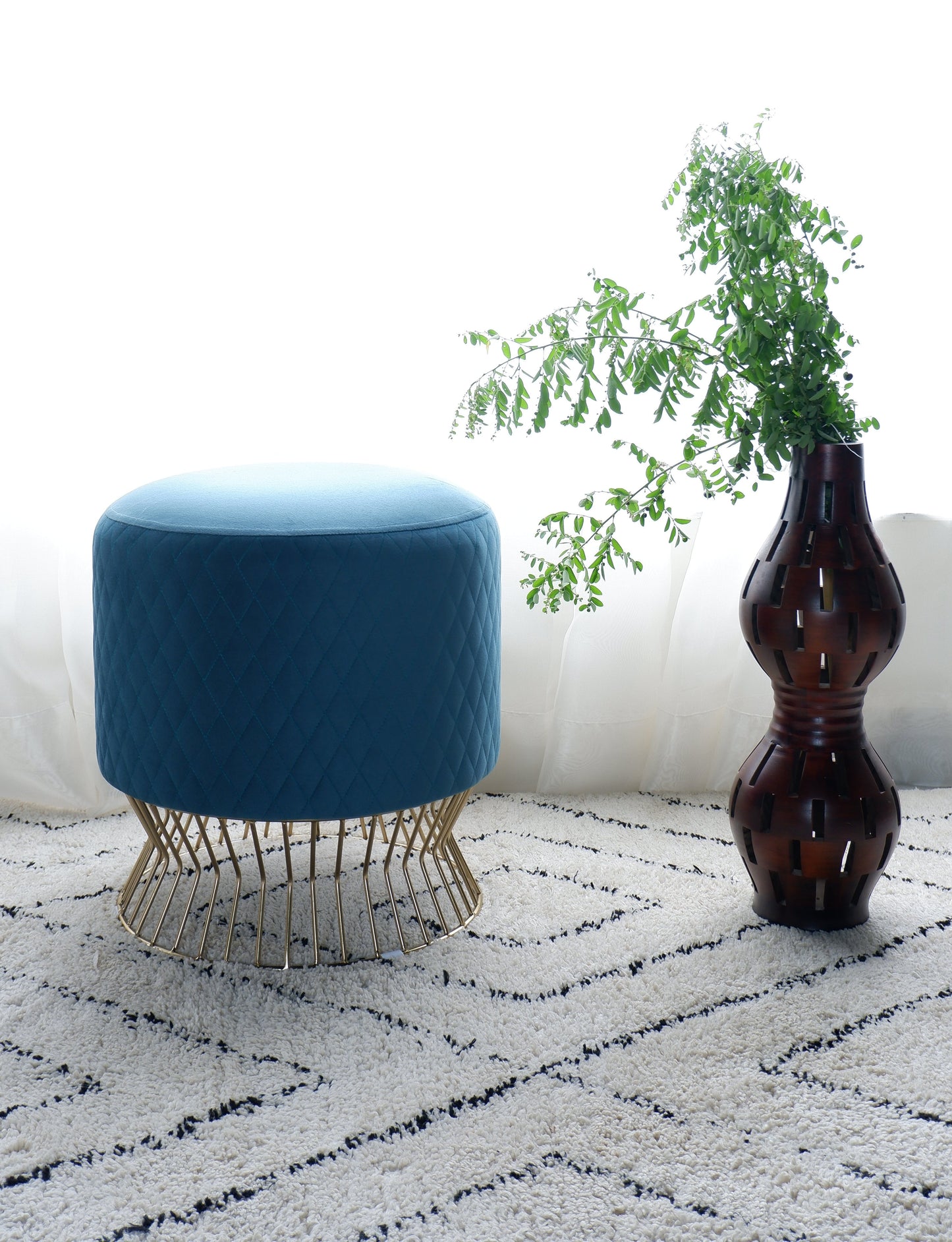 Regal Ottoman – Luxury Polyester Upholstered Ottoman with Designer Metal Base