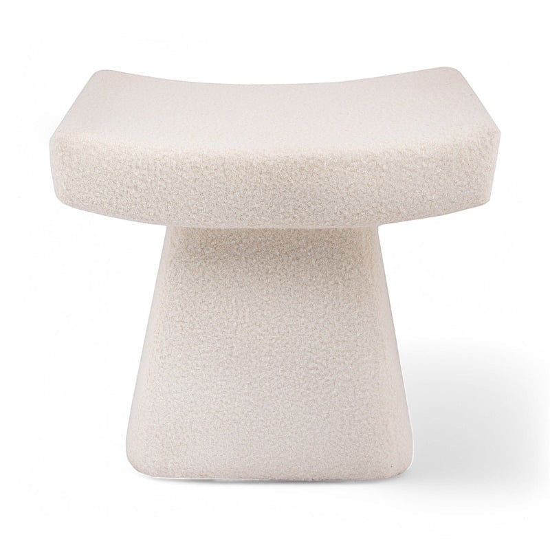 Casa Verve Furniture Soho bouclé ottoman in cream, featuring a sculptural silhouette and plush cushioning for cozy comfort.