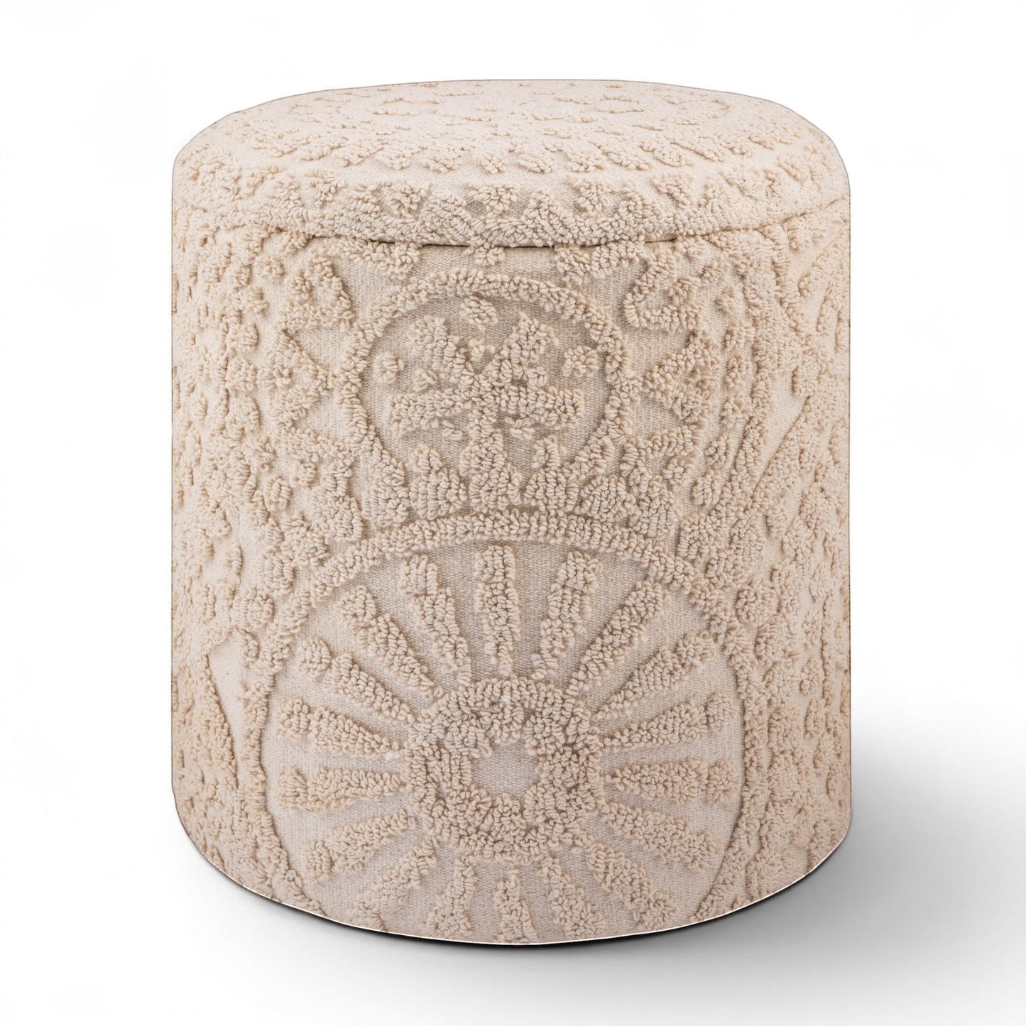 Casa Verve Furniture cream bohemian textured round ottoman with intricate raised patterns, perfect as a footrest or accent seating.