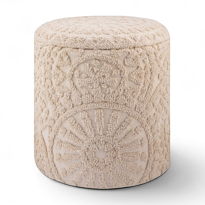 Casa Verve Furniture cream bohemian textured round ottoman with intricate raised patterns, perfect as a footrest or accent seating.