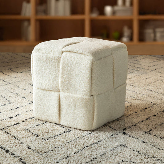 Casa Verve Furniture cream boucle cube ottoman with tufted design, used as a footrest or seat.