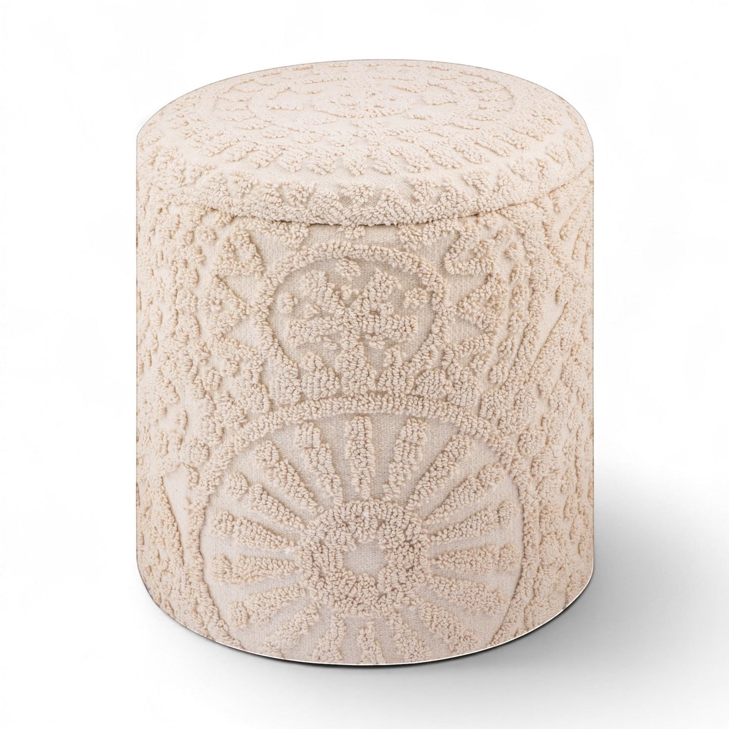 Casa Verve Furniture cream textured round ottoman with bohemian-inspired raised patterns, perfect as a footrest or accent seating.
