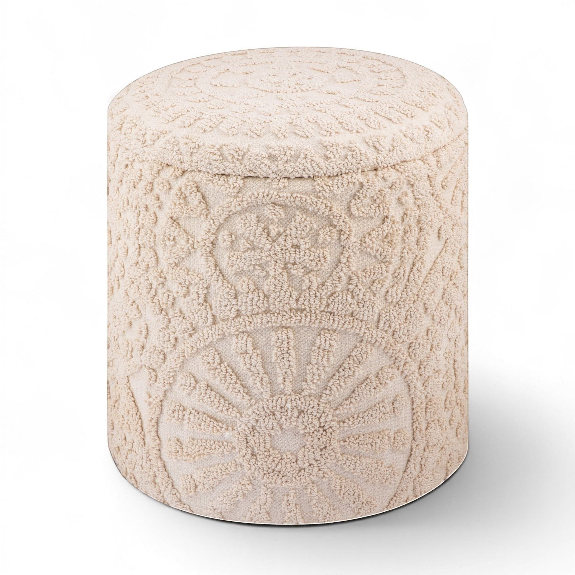 Casa Verve Furniture cream textured round ottoman with bohemian-inspired raised patterns, perfect as a footrest or accent seating.