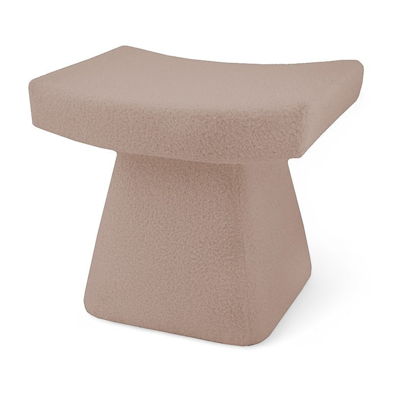 Casa Verve Furniture Soho bouclé ottoman in taupe with a sculptural silhouette and plush cushioning.