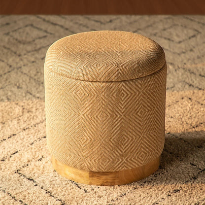 Casa Verve Furniture natural jute storage ottoman with diamond pattern and wooden base, perfect for seating or storage.