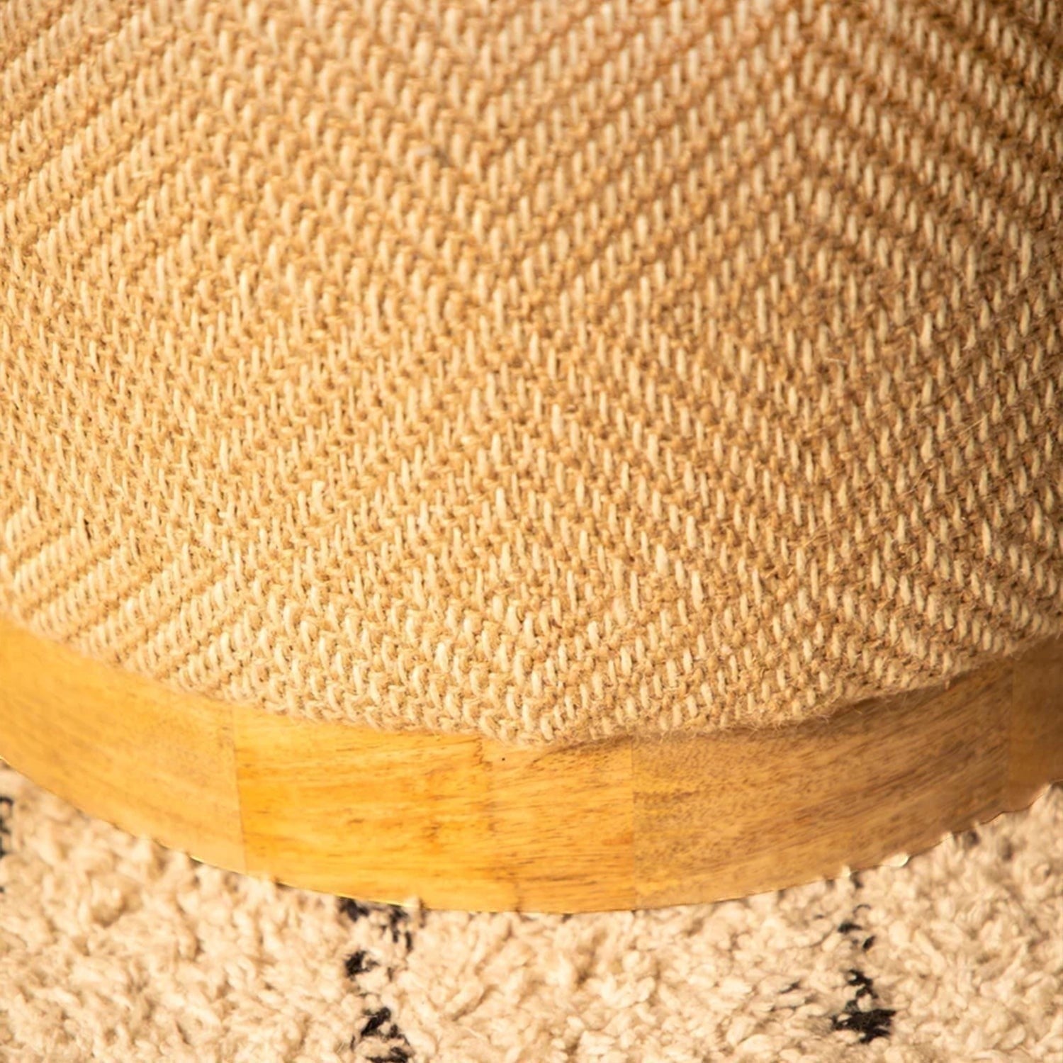 Casa Verve Furniture natural jute storage ottoman with diamond pattern and wooden base, perfect for seating or storage.