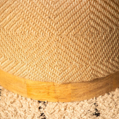 Casa Verve Furniture natural jute storage ottoman with diamond pattern and wooden base, perfect for seating or storage.