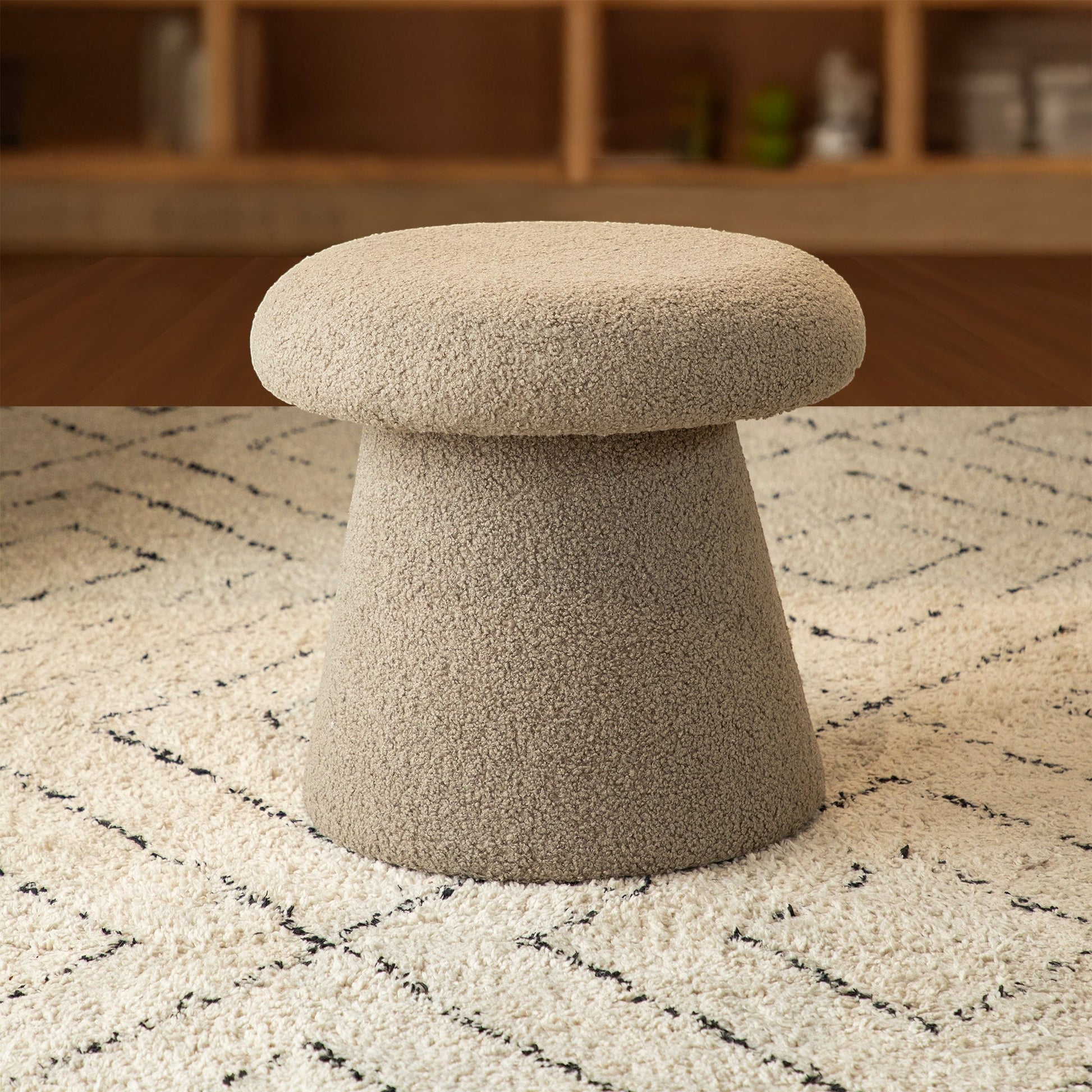 Casa Verve Furniture mushroom boucle ottoman in light beige, a sculptural accent piece with a soft, textured finish.