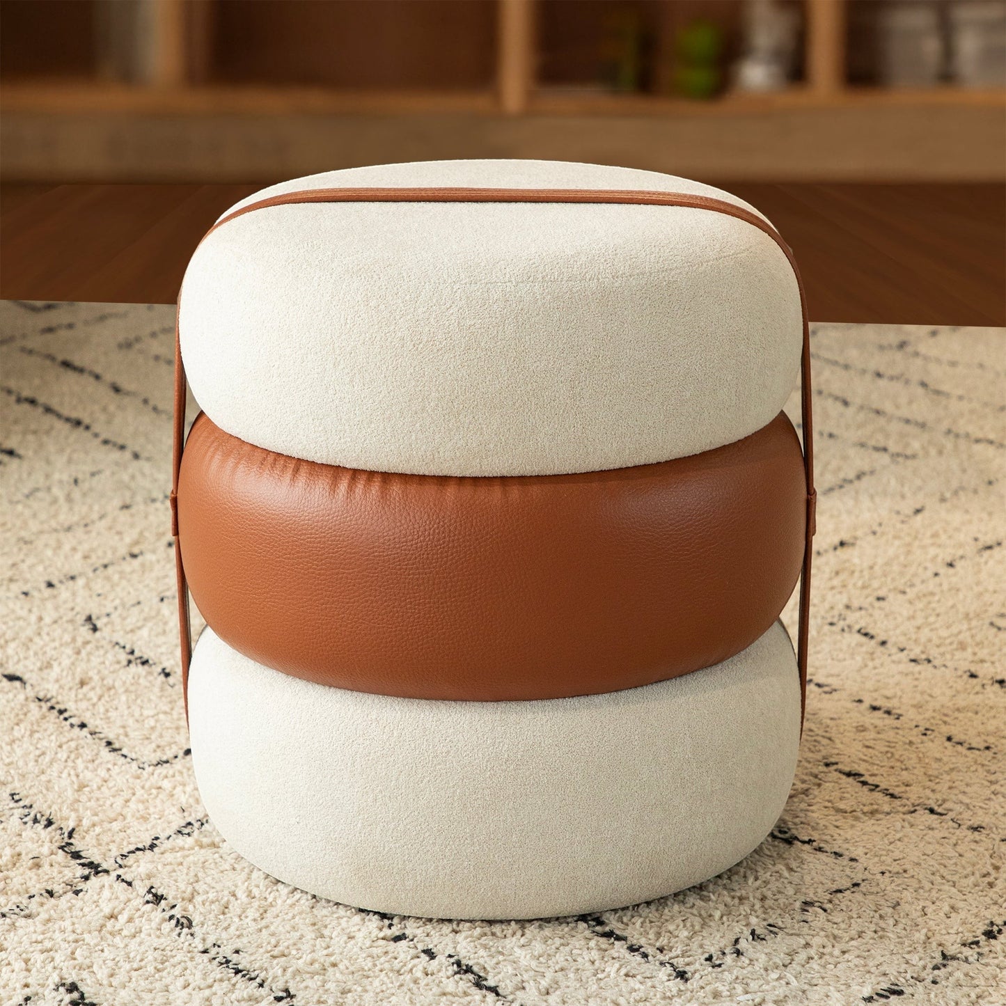Casa Verve Furniture Terraroza Ottoman: stacked cream boucle and brown PU leather cushions with leather straps, sculptural design, footrest or seat.