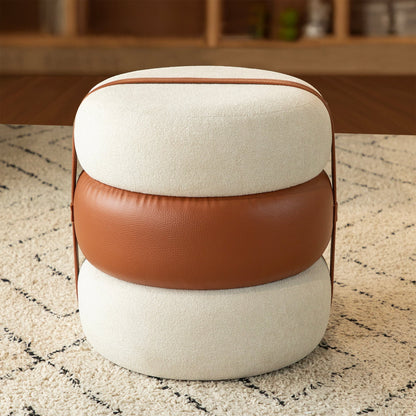 Casa Verve Furniture Terraroza Ottoman: stacked cream boucle and brown PU leather cushions with leather straps, sculptural design, footrest or seat.