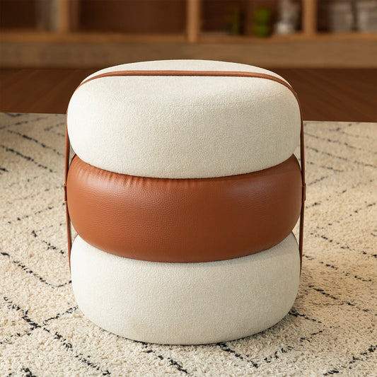 Casa Verve Furniture Terraroza Ottoman: stacked cream boucle and brown PU leather cushions with leather straps, sculptural design, footrest or seat.