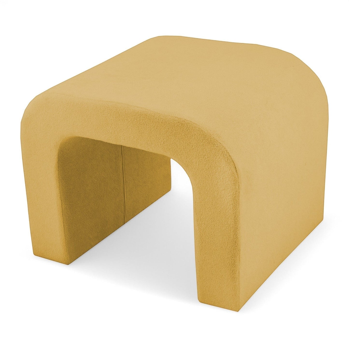 Casa Verve Furniture yellow polyester arch ottoman with a modern, sculptural design, perfect as a footrest or accent stool.
