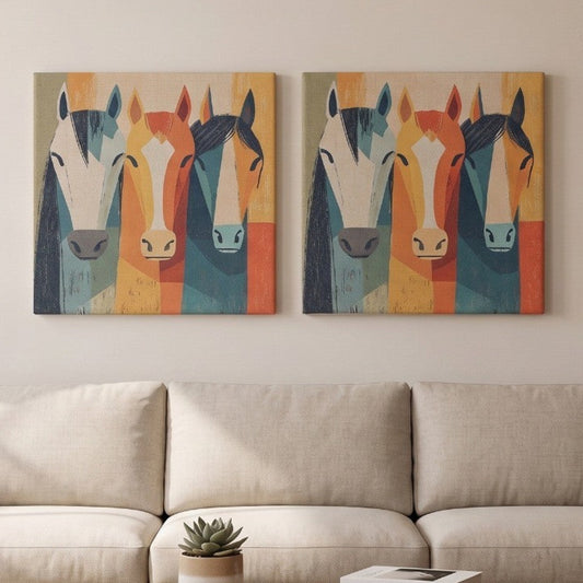 Casaverve Abstract Horse Portrait Canvas Wall Art, set of 2, displayed above a beige sofa