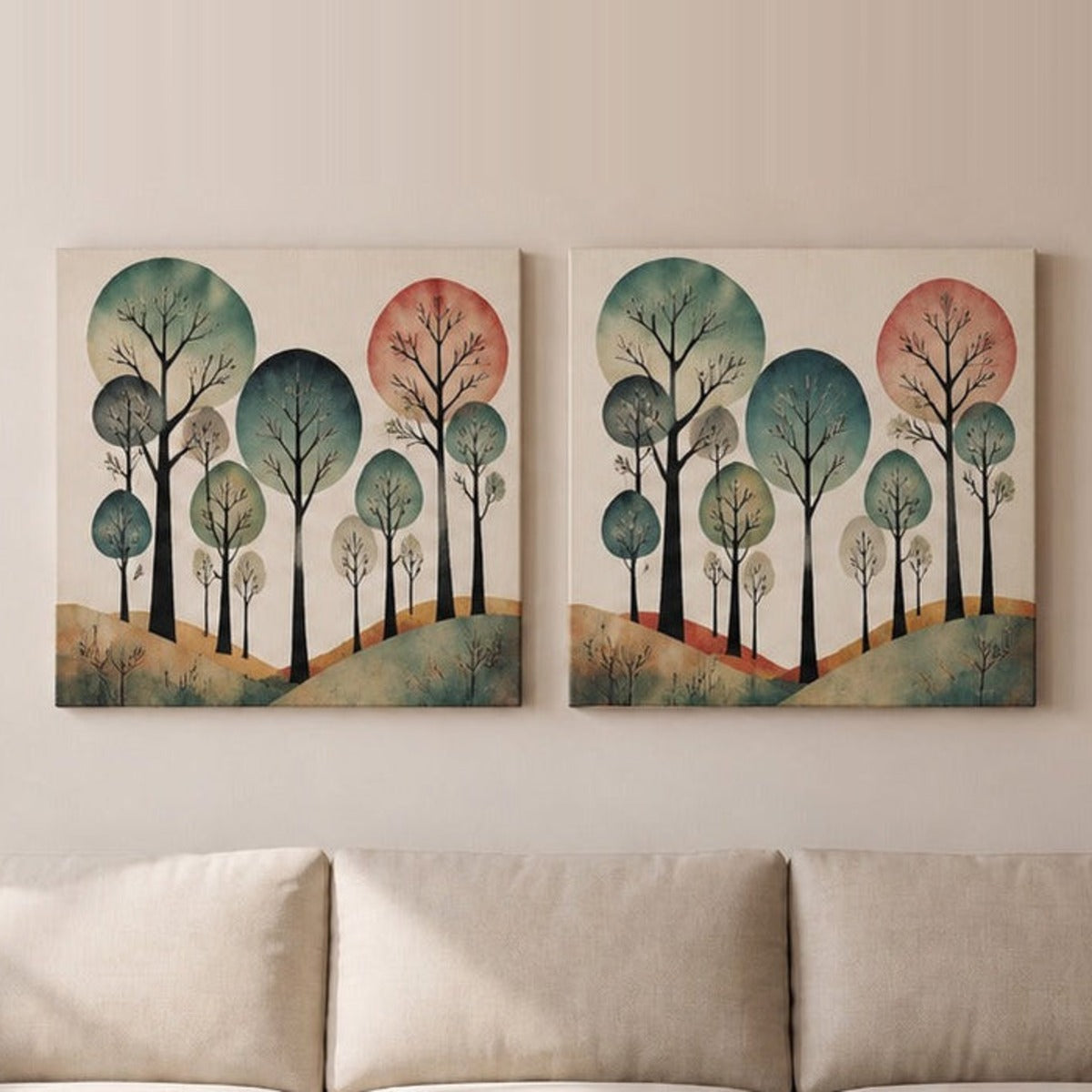 Casaverve Abstract Woodland Canvas Wall Art, set of 2, displayed above a beige sofa