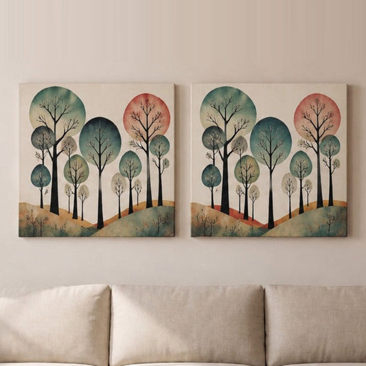 Casaverve Abstract Woodland Canvas Wall Art, set of 2, displayed above a beige sofa