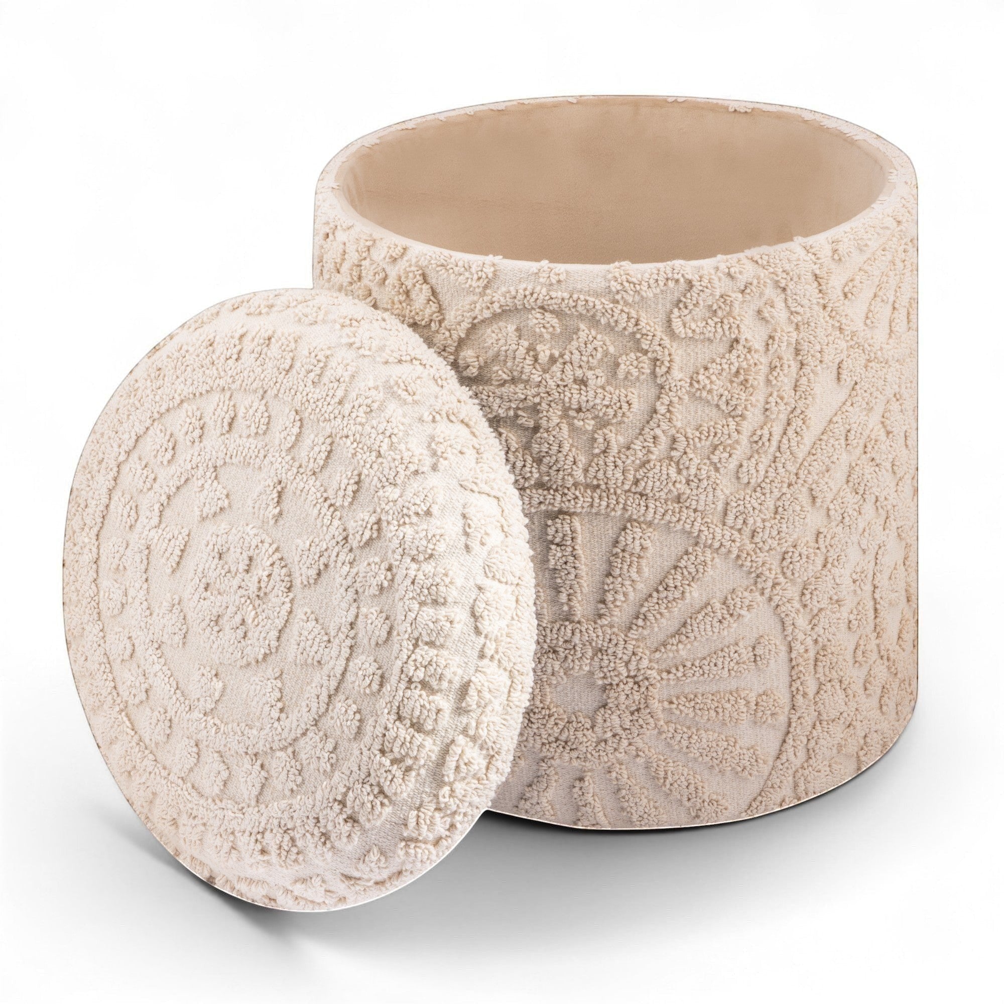 Casa Verve Furniture cream textured round ottoman with intricate bohemian patterns, perfect as a footrest or accent seating.