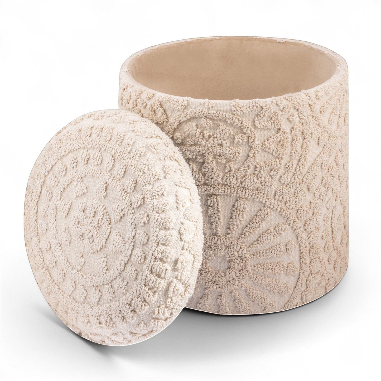 Casa Verve Furniture cream textured round ottoman with intricate bohemian patterns, perfect as a footrest or accent seating.