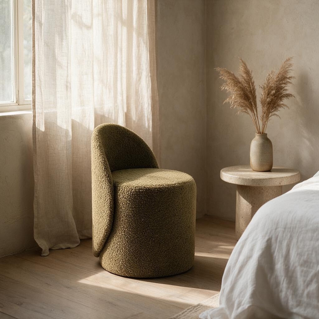 Prisma bouclé accent chair in camel styled in a sunlit Indian bedroom