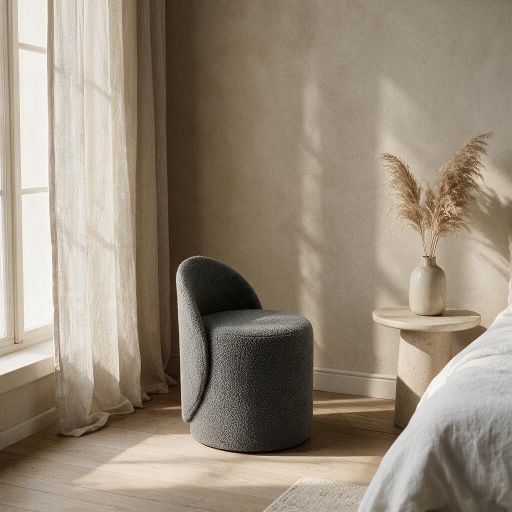 Prisma bouclé accent chair in grey styled in a sunlit Indian bedroom