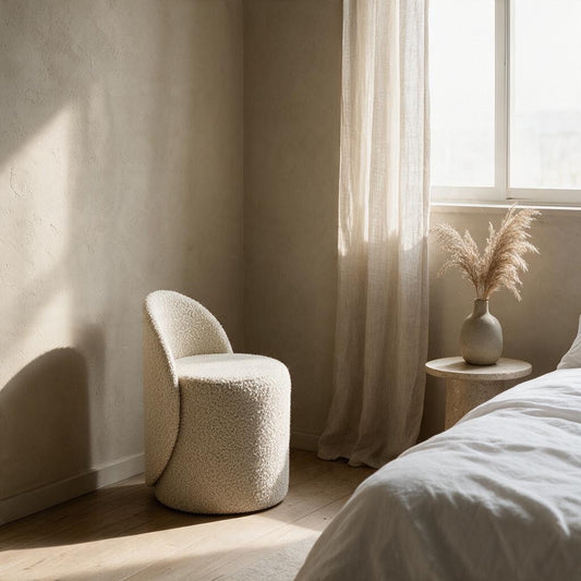 Prisma bouclé accent chair in ivory styled in a sunlit Indian bedroom