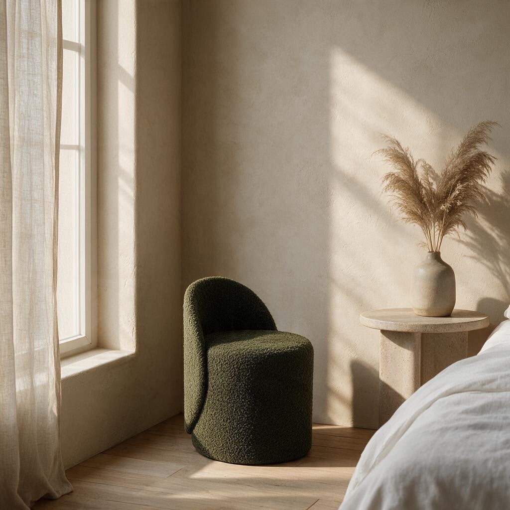 Prisma bouclé accent chair in olive styled in a sunlit Indian bedroom