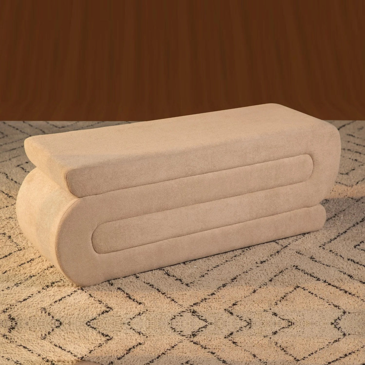 Casaverve Salvador Bench in beige bouclé on a patterned rug