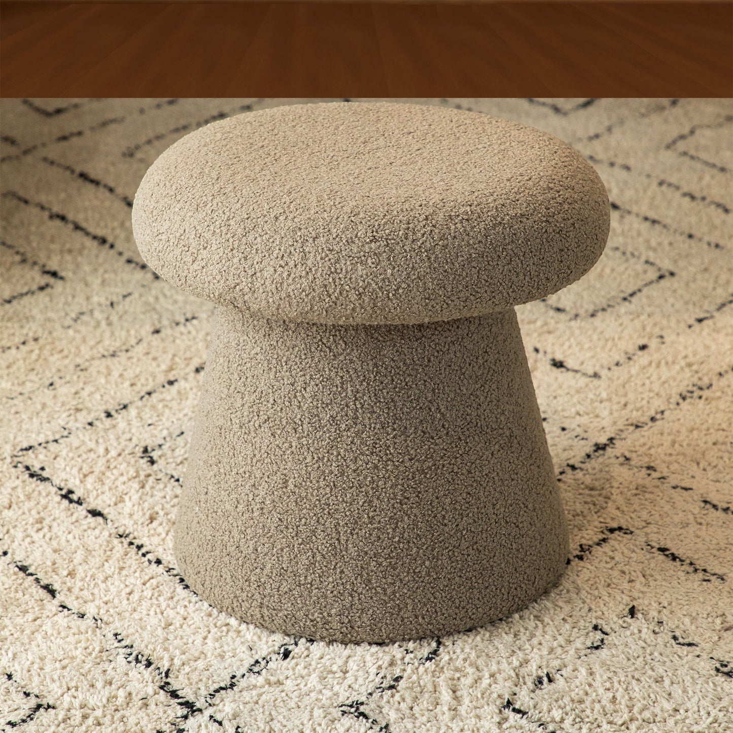 Casa Verve Furniture mushroom-shaped boucle ottoman in beige, perfect as a footrest or accent stool.