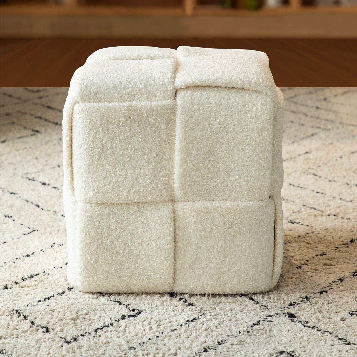Casa Verve Furniture cream boucle cube ottoman with tufted finish, used as a footrest or extra seating.