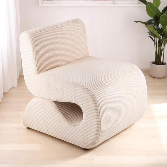 Casa Verve Furniture cream corduroy lounge chair with bold curves and cutout detail, perfect for modern living rooms.