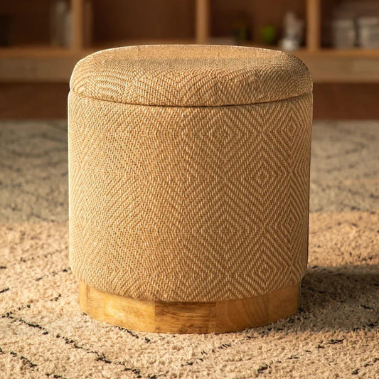 Casa Verve Furniture natural jute storage ottoman with diamond pattern and wooden base, perfect for seating or storage.