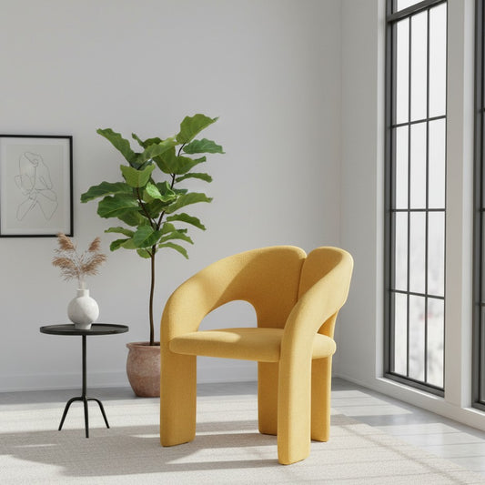 Casa Verve Furniture Auria modern lounge chair in mustard yellow corduroy fabric, featuring a sculptural design and plush upholstery.