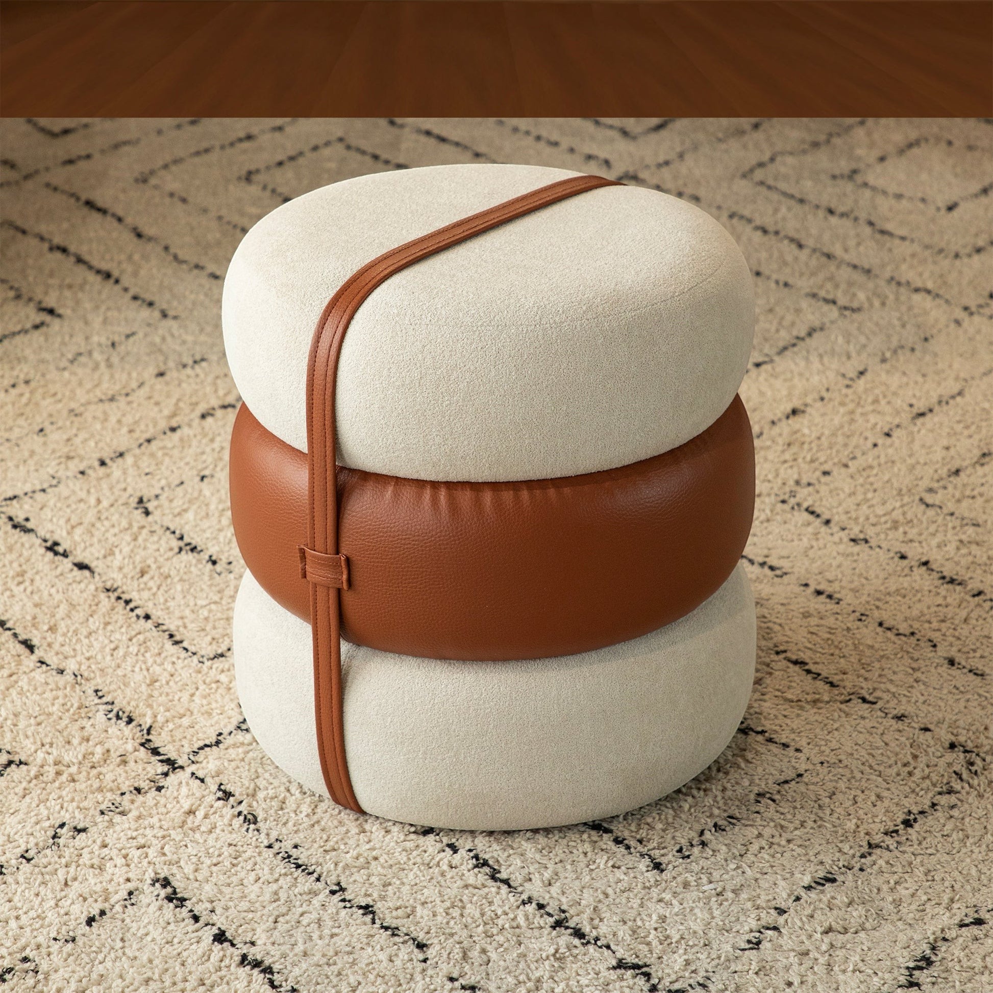 Casa Verve Furniture Terraroza Ottoman, a stacked cushion design in cream fabric and brown PU leather with a leather strap.